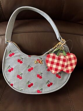 Gray Cherry Embroidered Crescent Shoulder Bag with Red Cherry Charm